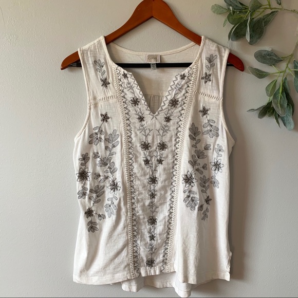Cupio Tops - Cupio Beaded and Embroidered White Tank